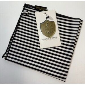 Clifton Wilson Black & White Stripe 100% Cotton Pocket Square With Button New